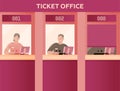 Ticket Office with Smiling Female and Male Operators. Open and Close Ticket Office. Ticket Service, Cash Desk with Cashiers. Royalty Free Stock Photo